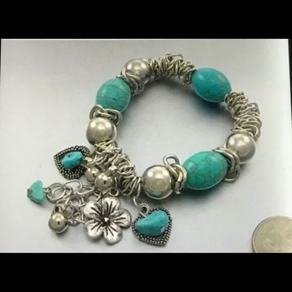 Turquoise & Silver Beads Heart/Flower Bracelet - Picture 1 of 2